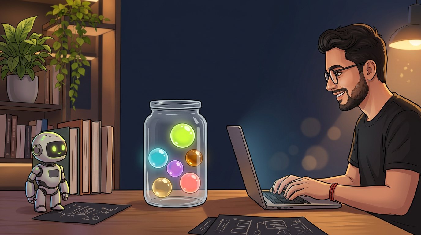 Illustration of Saurav building at his laptop beside a glass jar of glowing bubbles