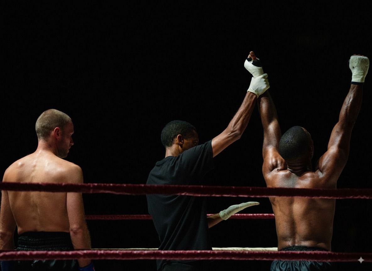 Boxer raising his arms in victory in the ring