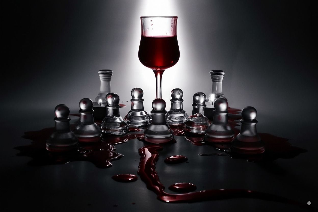 Chess pieces around a glass of red wine, dramatic lighting