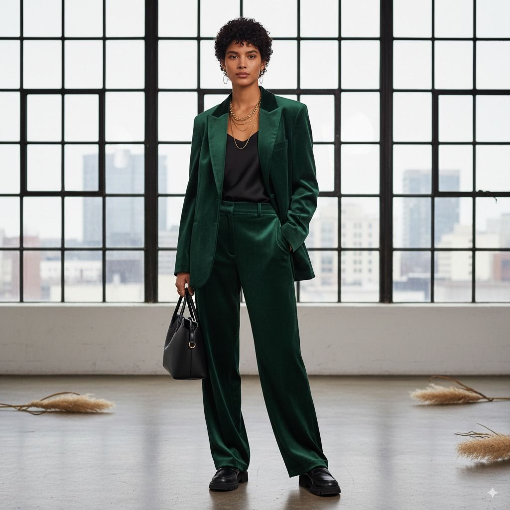 Woman in a green trouser suit in a loft with tall windows