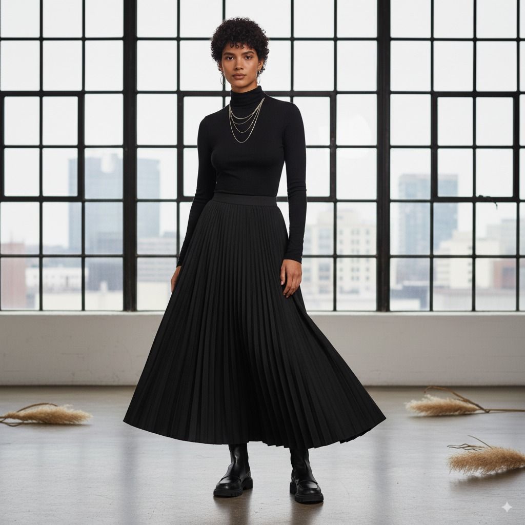 Woman in a black pleated dress in the same loft