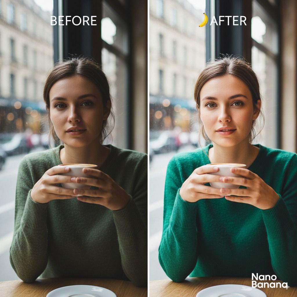 Before and after Nano Banana edit of a woman holding a coffee cup