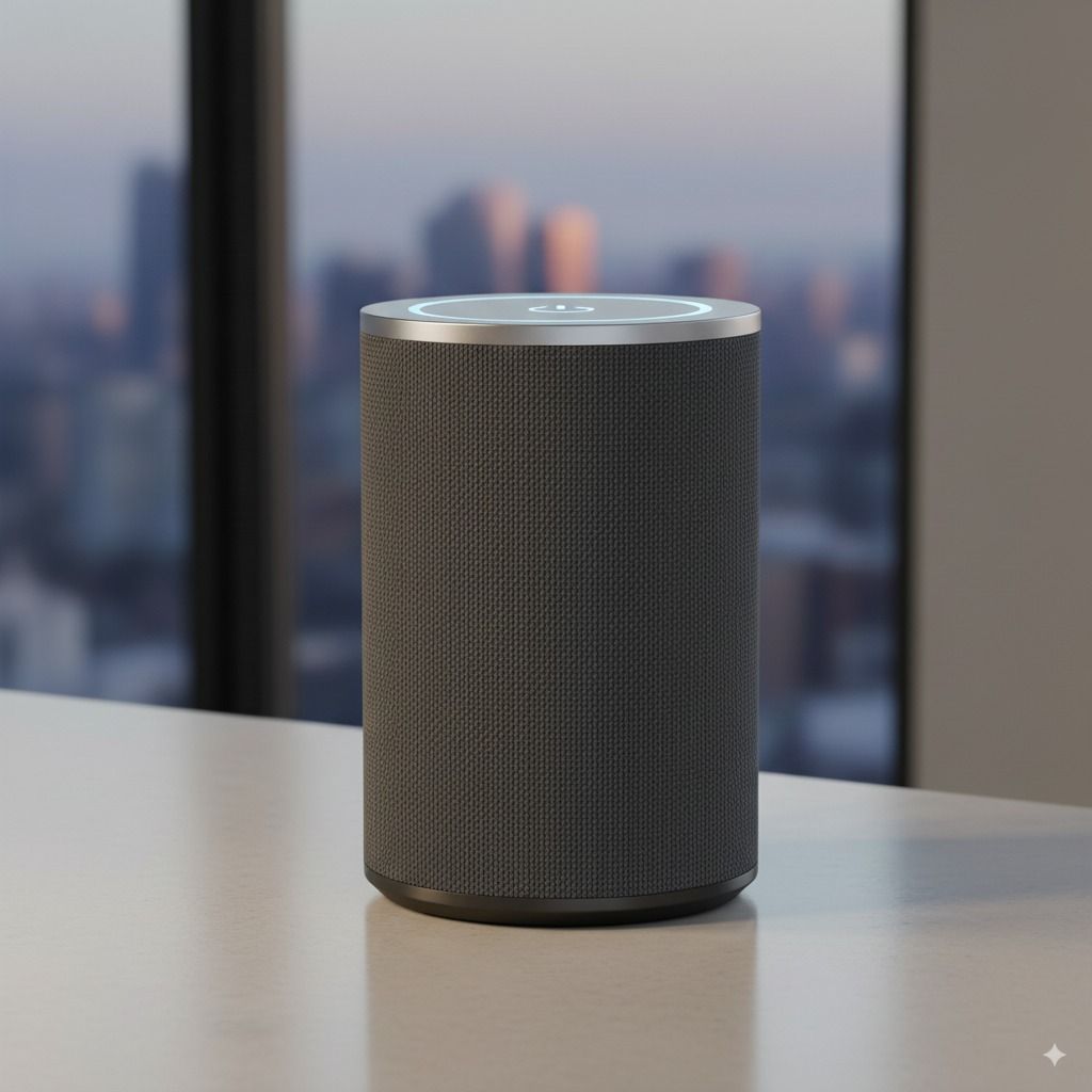 Grey cylindrical smart speaker on a table, city behind