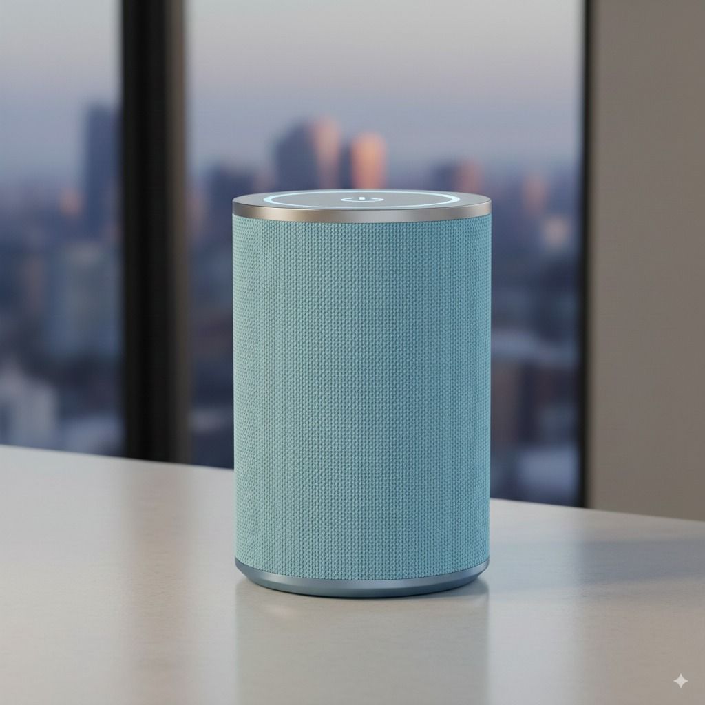 Light blue smart speaker, same scene