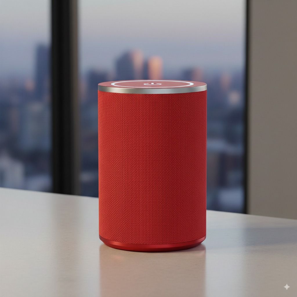 Red smart speaker, same scene