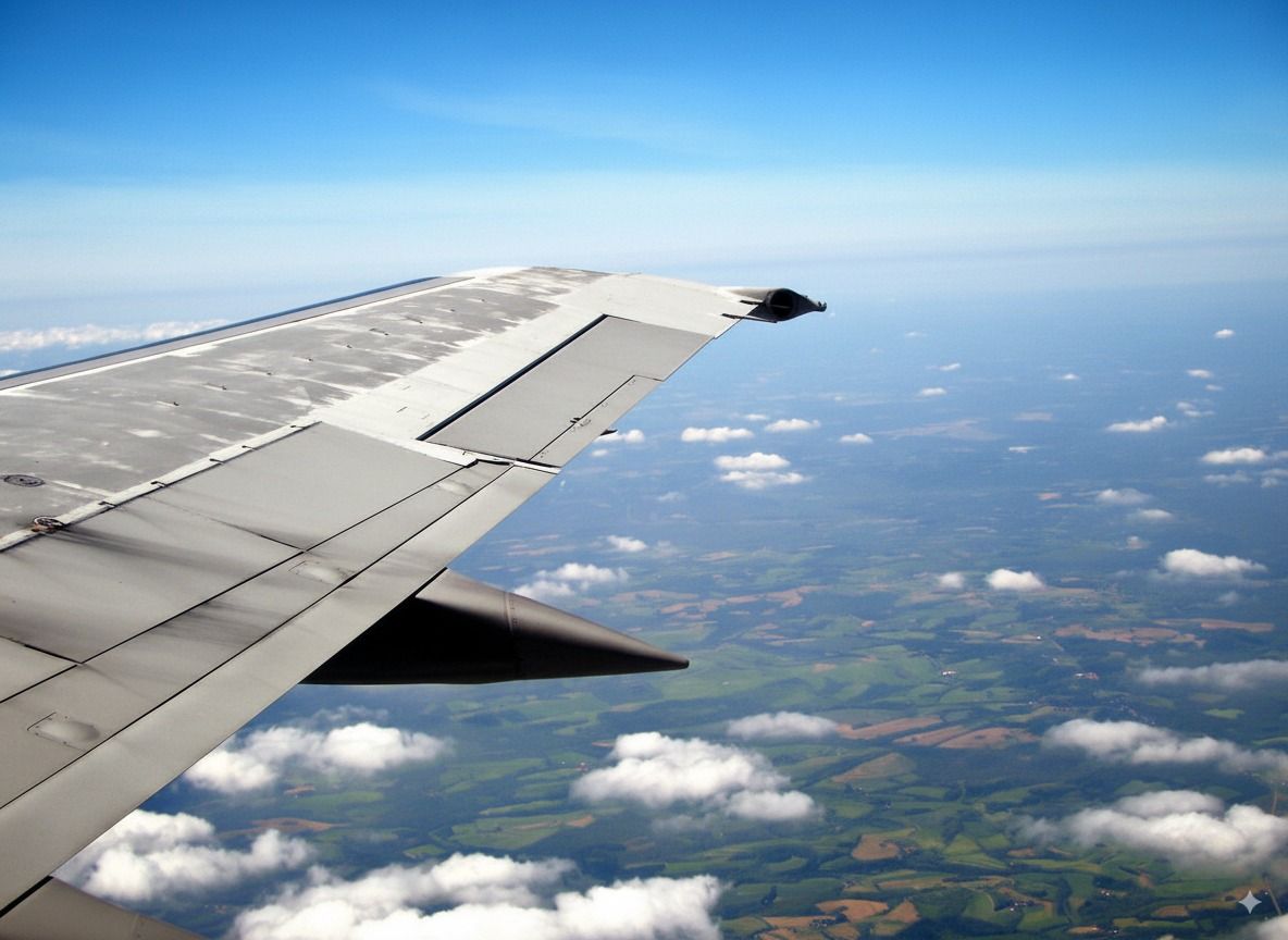 Airplane wing over clouds