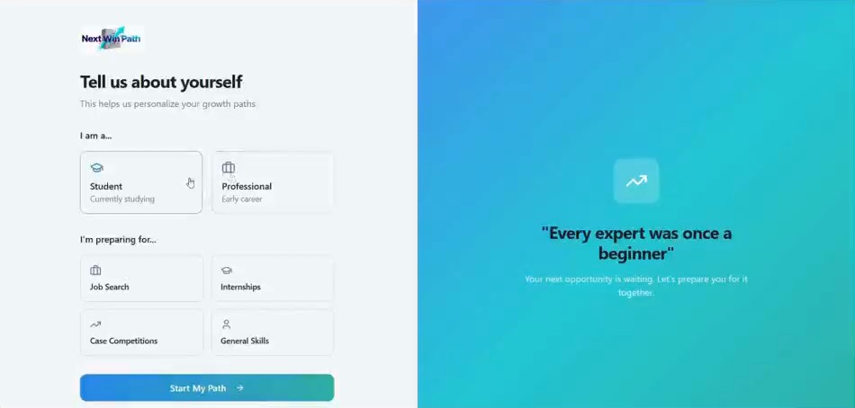 Next Win Path onboarding screen: Tell us about yourself