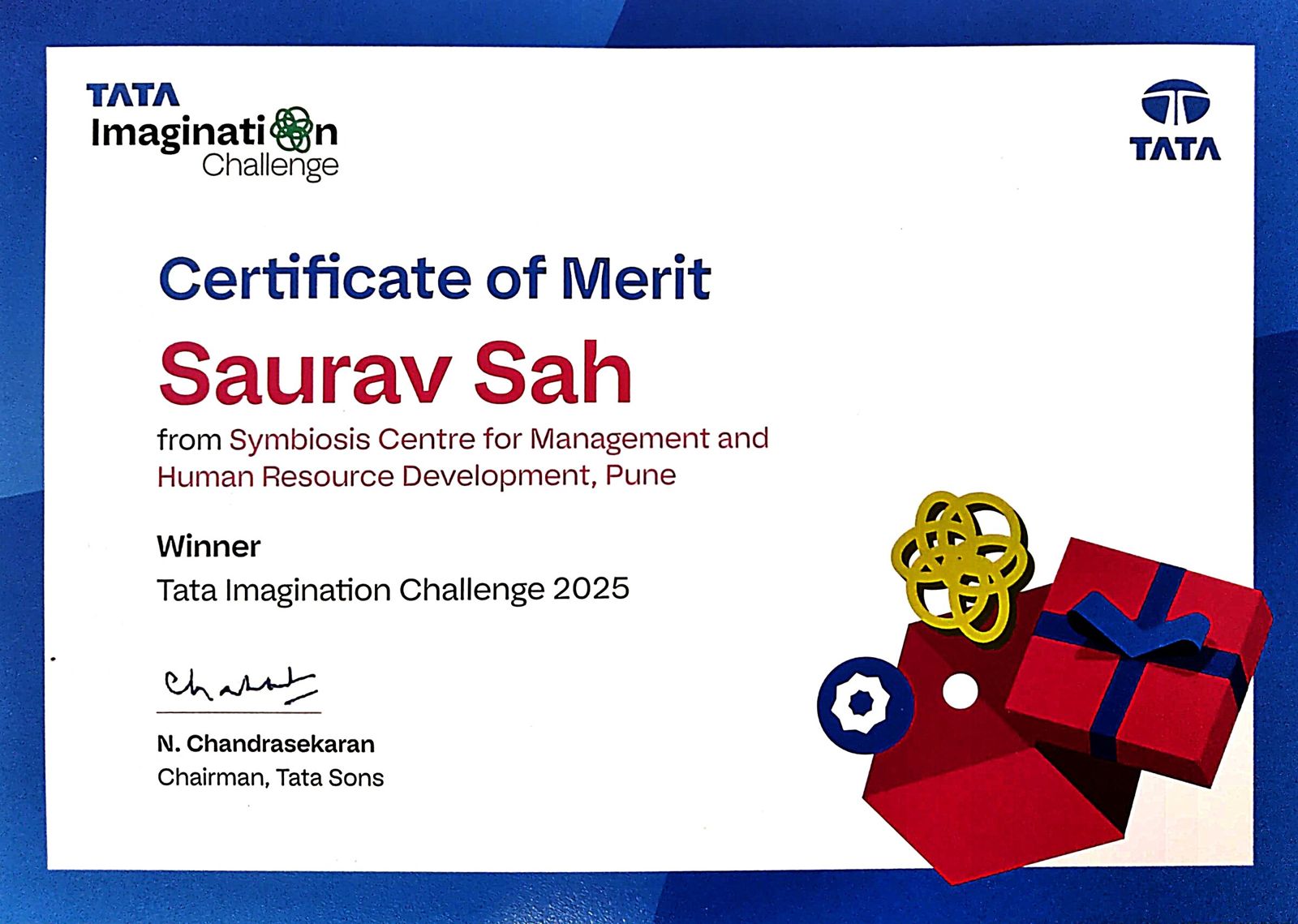 Tata Imagination Challenge 2025 National Winner certificate awarded to Saurav Sah